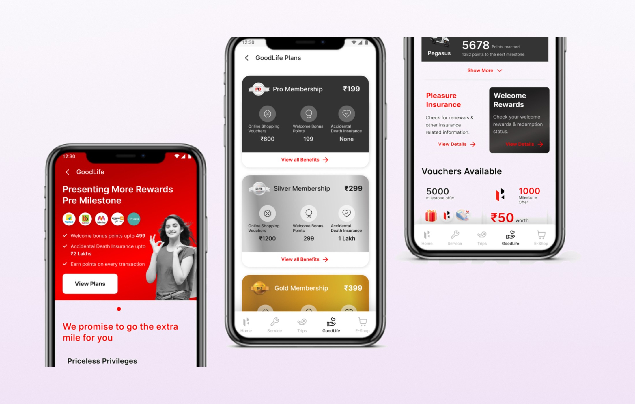 Three phone screens for the Goodlife loyalty program — Presenting More Rewards splash with model imagery; GoodLife Plans showing Pro Membership, Silver Membership and Gold Membership with online shopping vouchers, welcome bonus points, and accidental death insurance; GoodLife Membership detail showing Pegasus Pro Membership status with 5,678 points reached, Pleasure Insurance and Welcome Rewards modules.