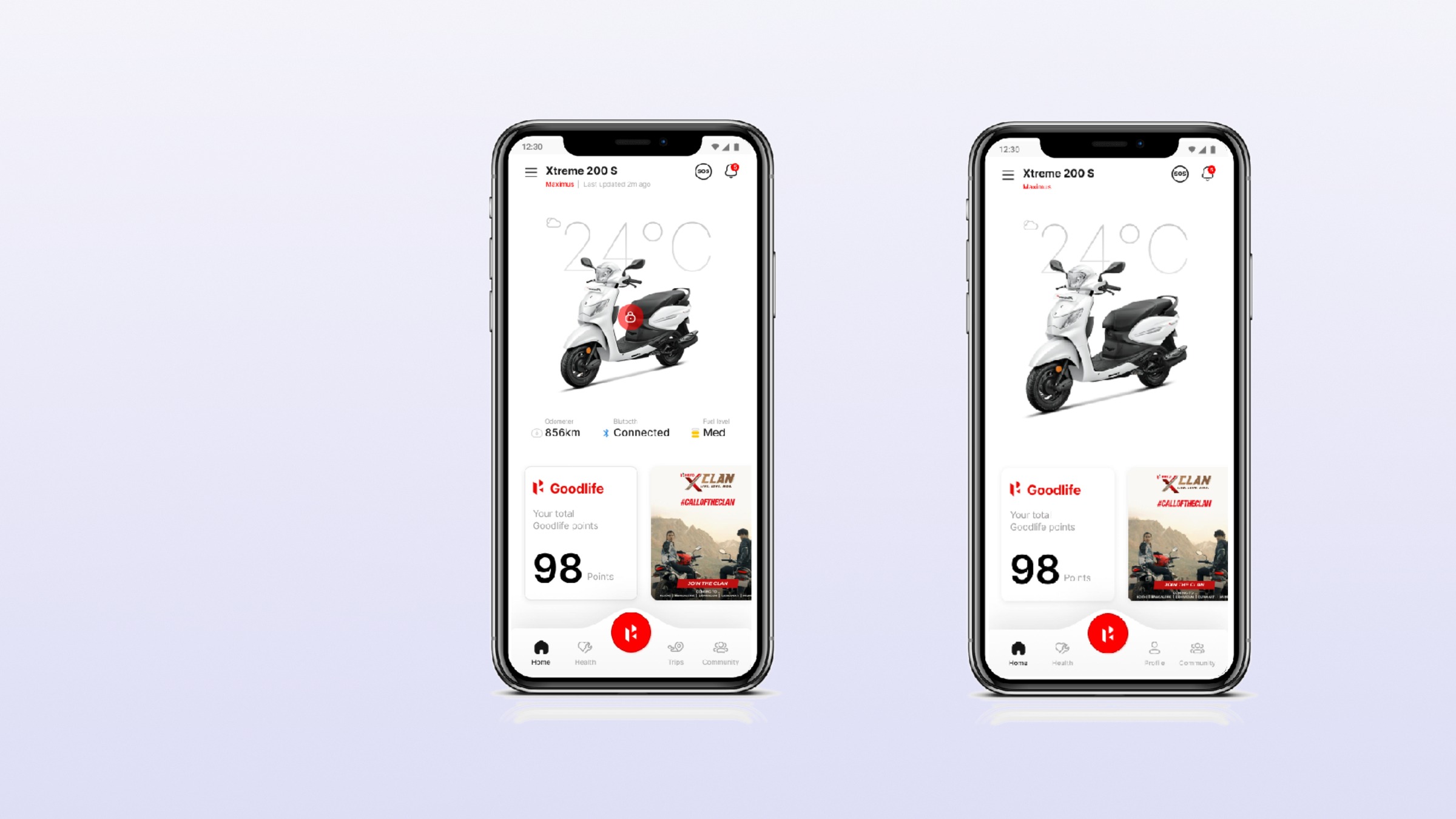 Two iPhone mockups side by side showing the Hero ICE app — one with live connected-vehicle data (odometer, Bluetooth, fuel level), the other showing the same screen for a non-connected bike with telematics fields greyed out. Both phones show Goodlife loyalty points and Xclan community card.
